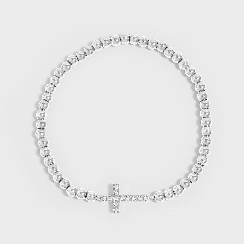Stone Cross Metal Beaded Stretch Bracelet