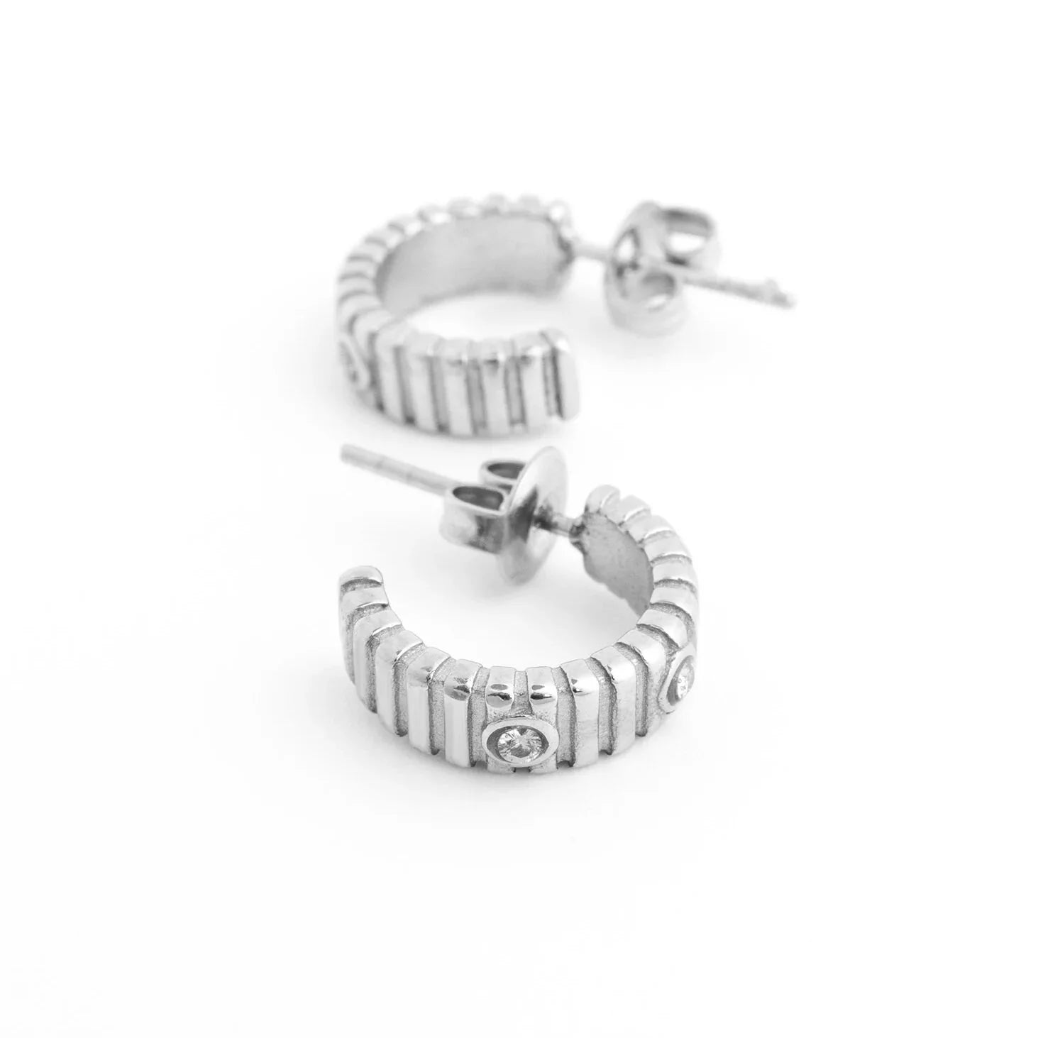 18K Gold PVD Stainless Steel Fluted Huggie with Stones Earrings / ERJ0132