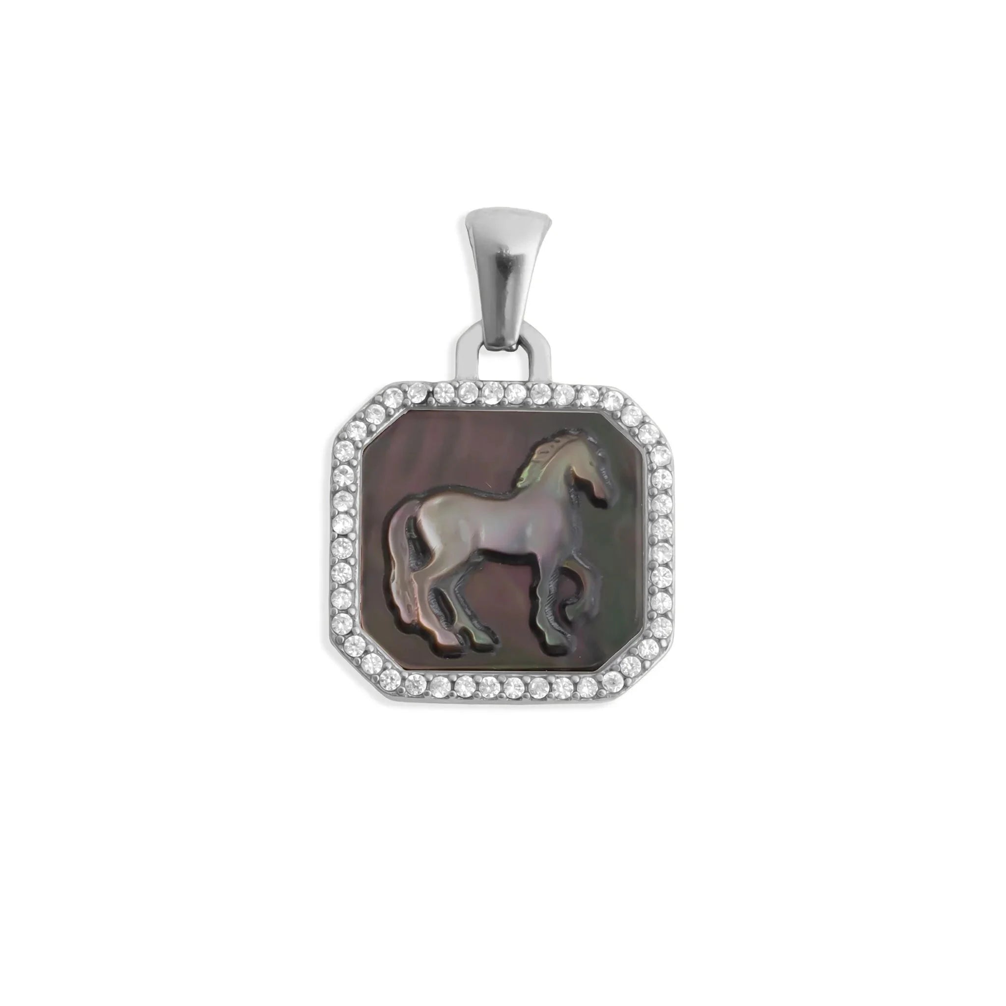 18K Gold PVD Stainless Steel MOP Horse Pendant With CZ Stone Boarder / PDL0387