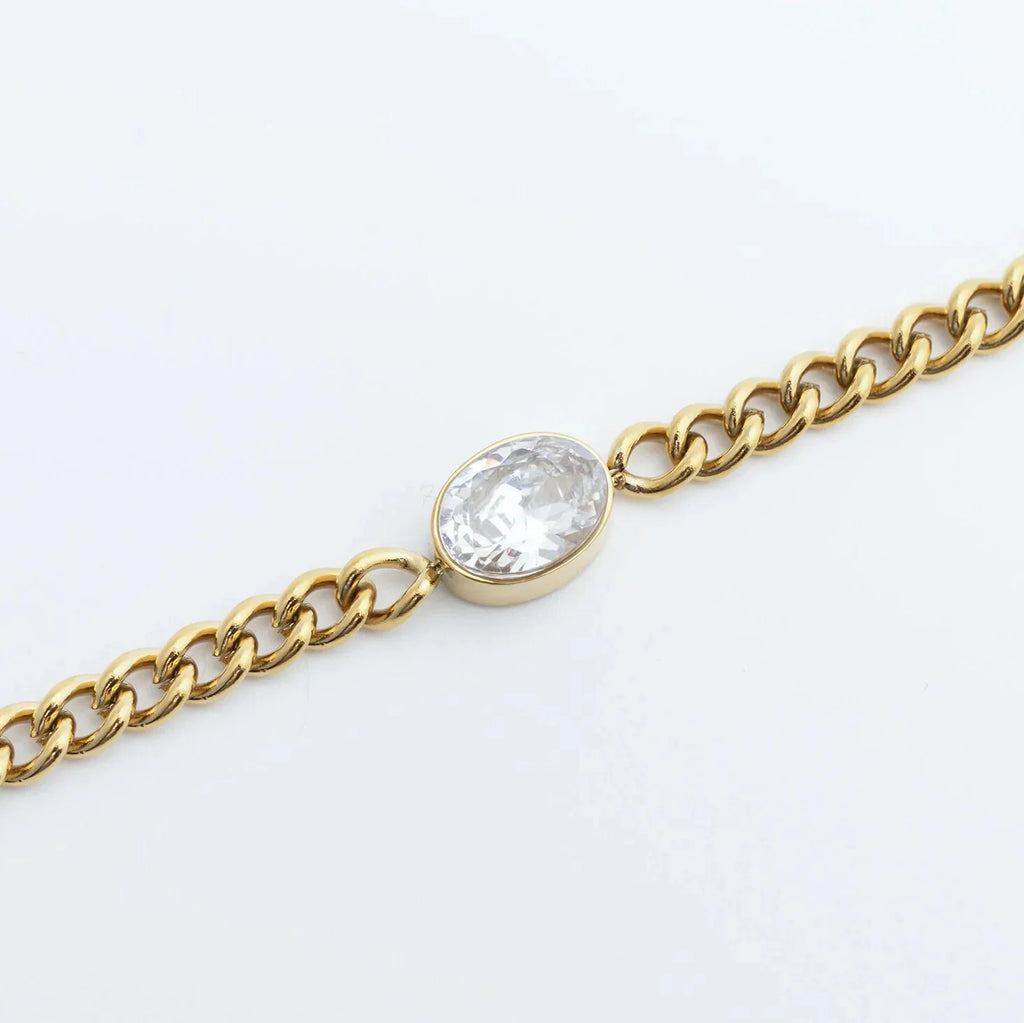 18K Gold PVD Stainless Steel Oval CZ Stone Curb Chain Bracelet / BRJ1134