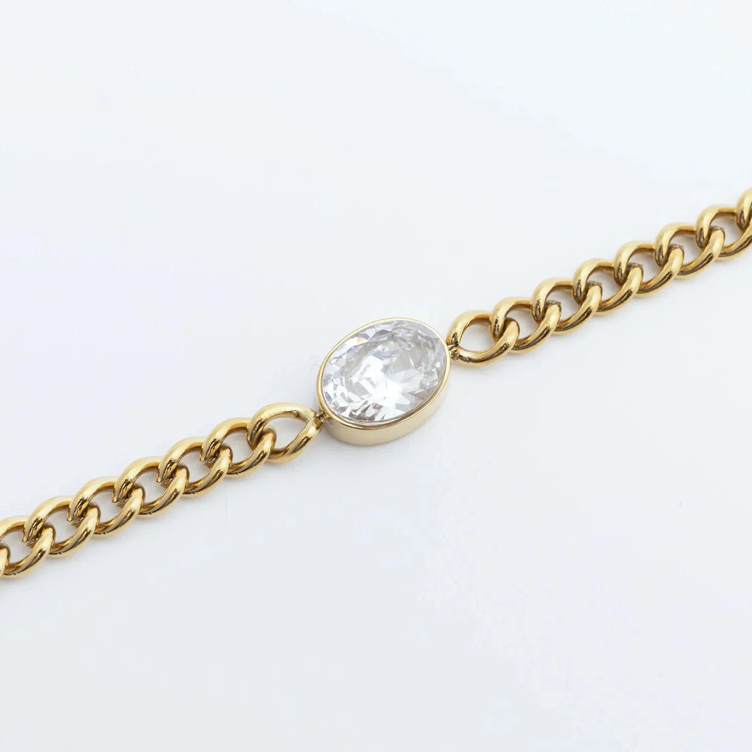 18K Gold PVD Stainless Steel Oval CZ Stone Curb Chain Bracelet / BRJ1134