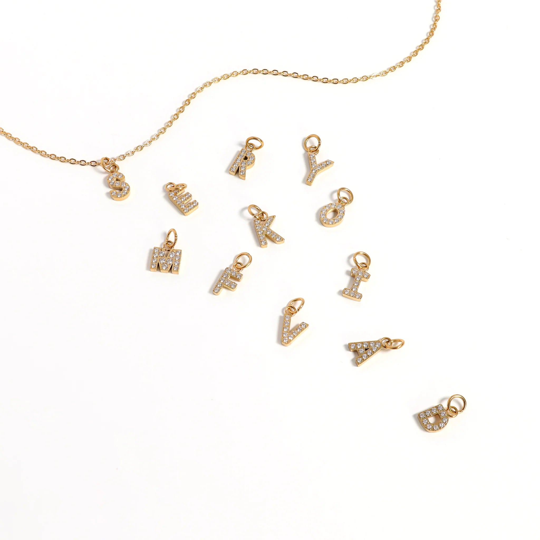 18K Gold PVD Stainless Steel Pave Set CZ Initial Letter Charms / PDC9021