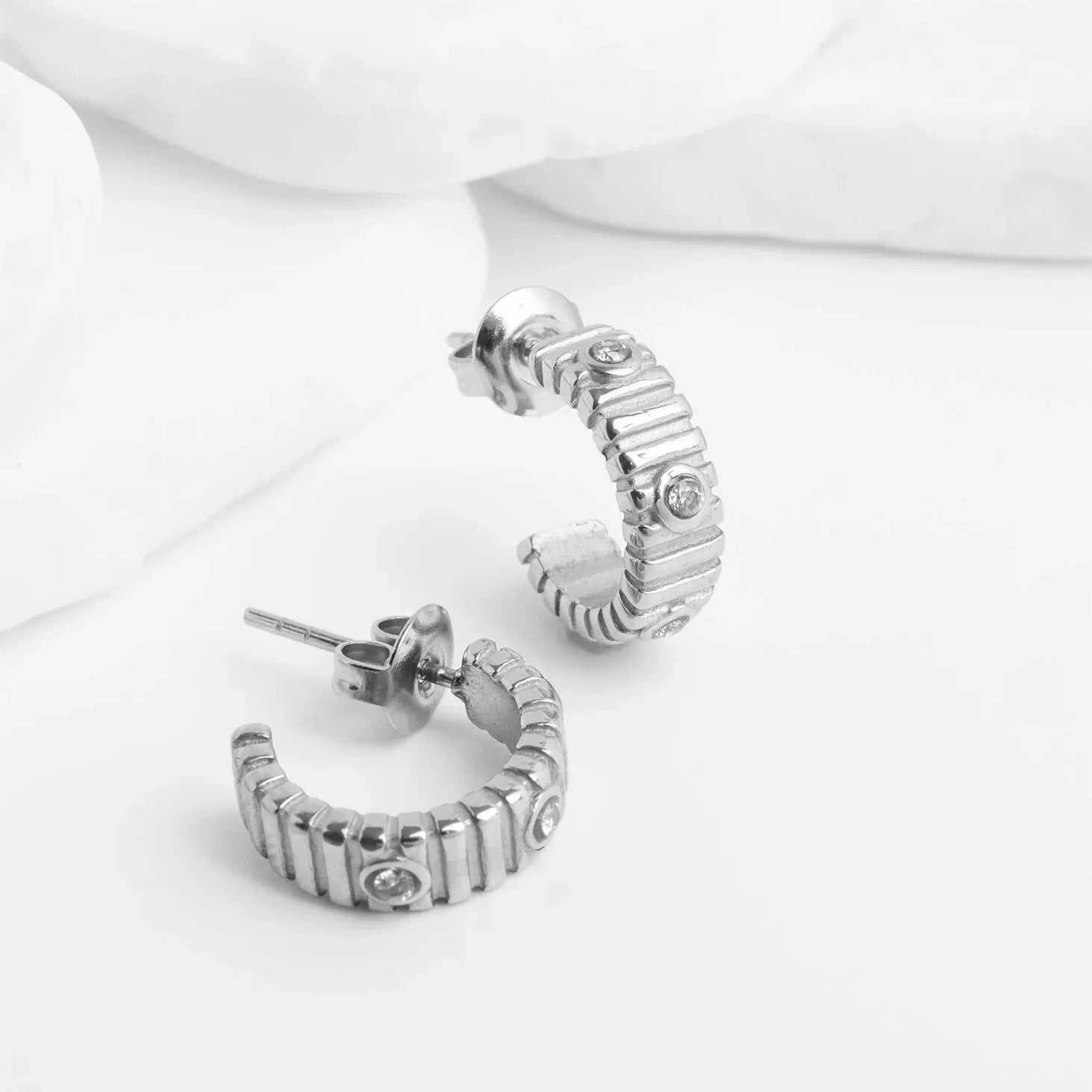 18K Gold PVD Stainless Steel Fluted Huggie with Stones Earrings / ERJ0132