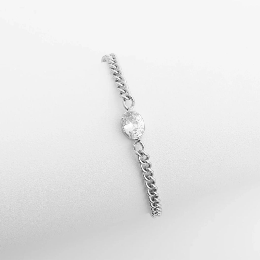18K Gold PVD Stainless Steel Oval CZ Stone Curb Chain Bracelet / BRJ1134