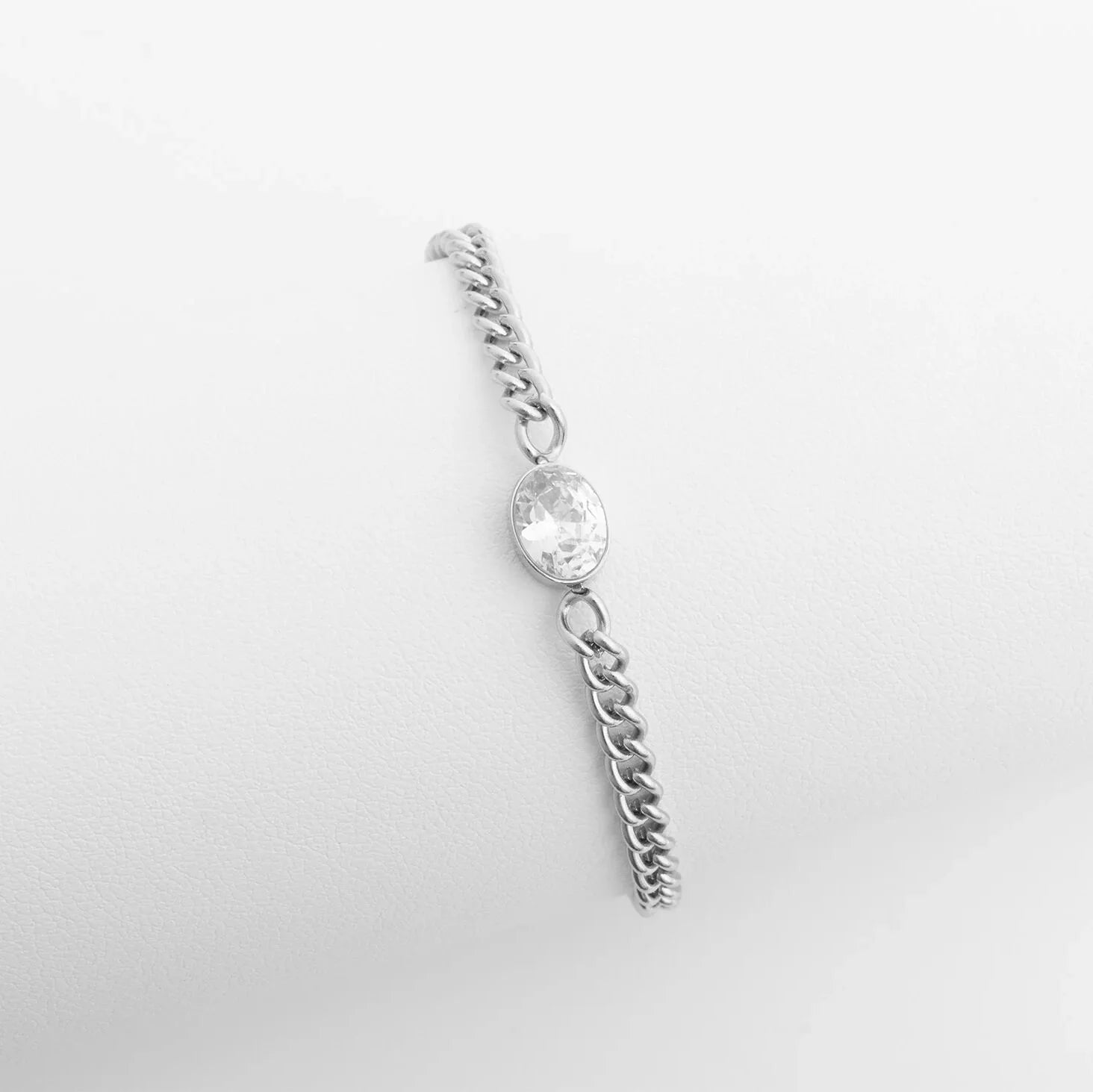18K Gold PVD Stainless Steel Oval CZ Stone Curb Chain Bracelet / BRJ1134