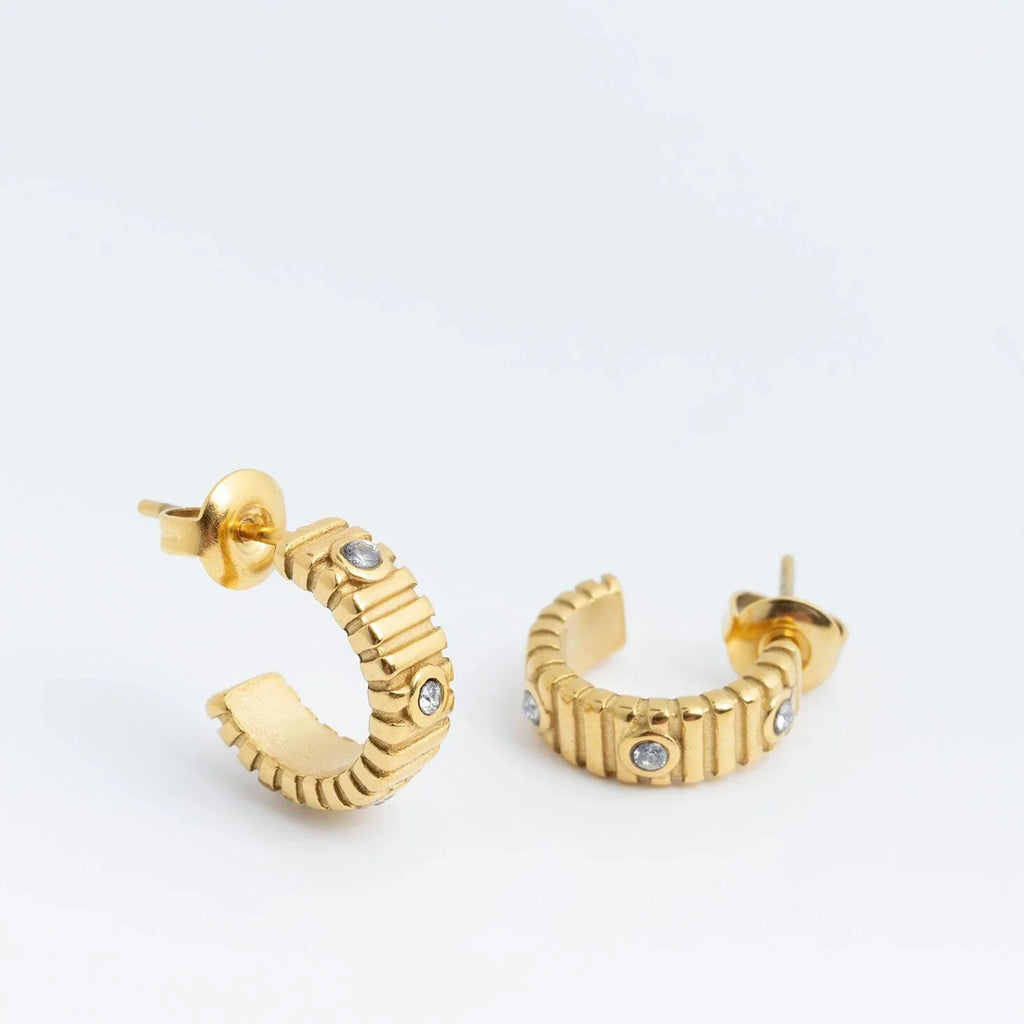 18K Gold PVD Stainless Steel Fluted Huggie with Stones Earrings / ERJ0132