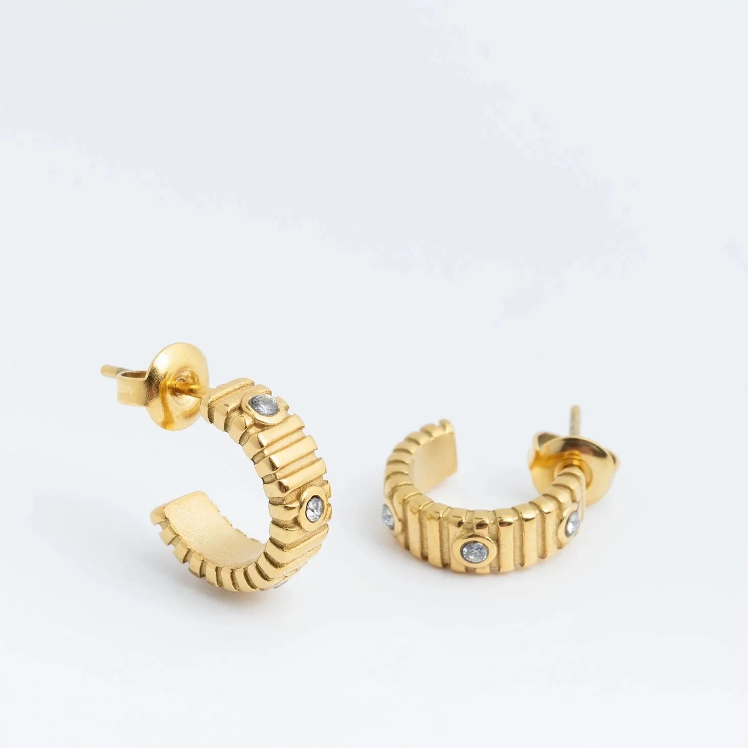 18K Gold PVD Stainless Steel Fluted Huggie with Stones Earrings / ERJ0132