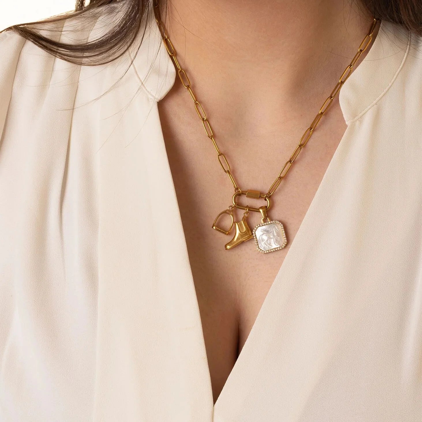 18K Gold PVD Stainless Steel MOP Horse Pendant With CZ Stone Boarder / PDL0387