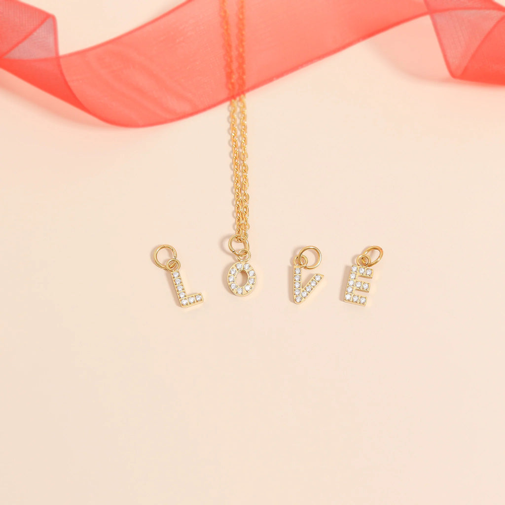 18K Gold PVD Stainless Steel Pave Set CZ Initial Letter Charms / PDC9021