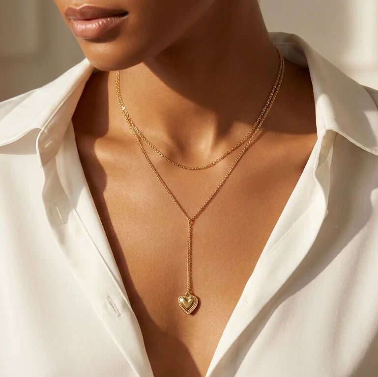 Close-up of a person wearing a gold necklace with a heart pendant, against a neutral background.