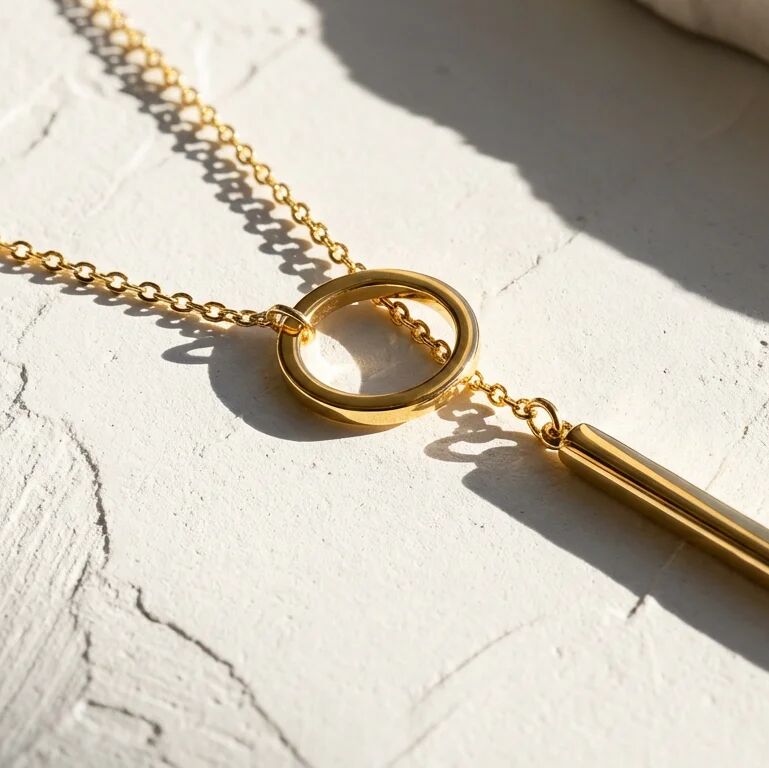 Gold necklace with a pendant on a textured white surface