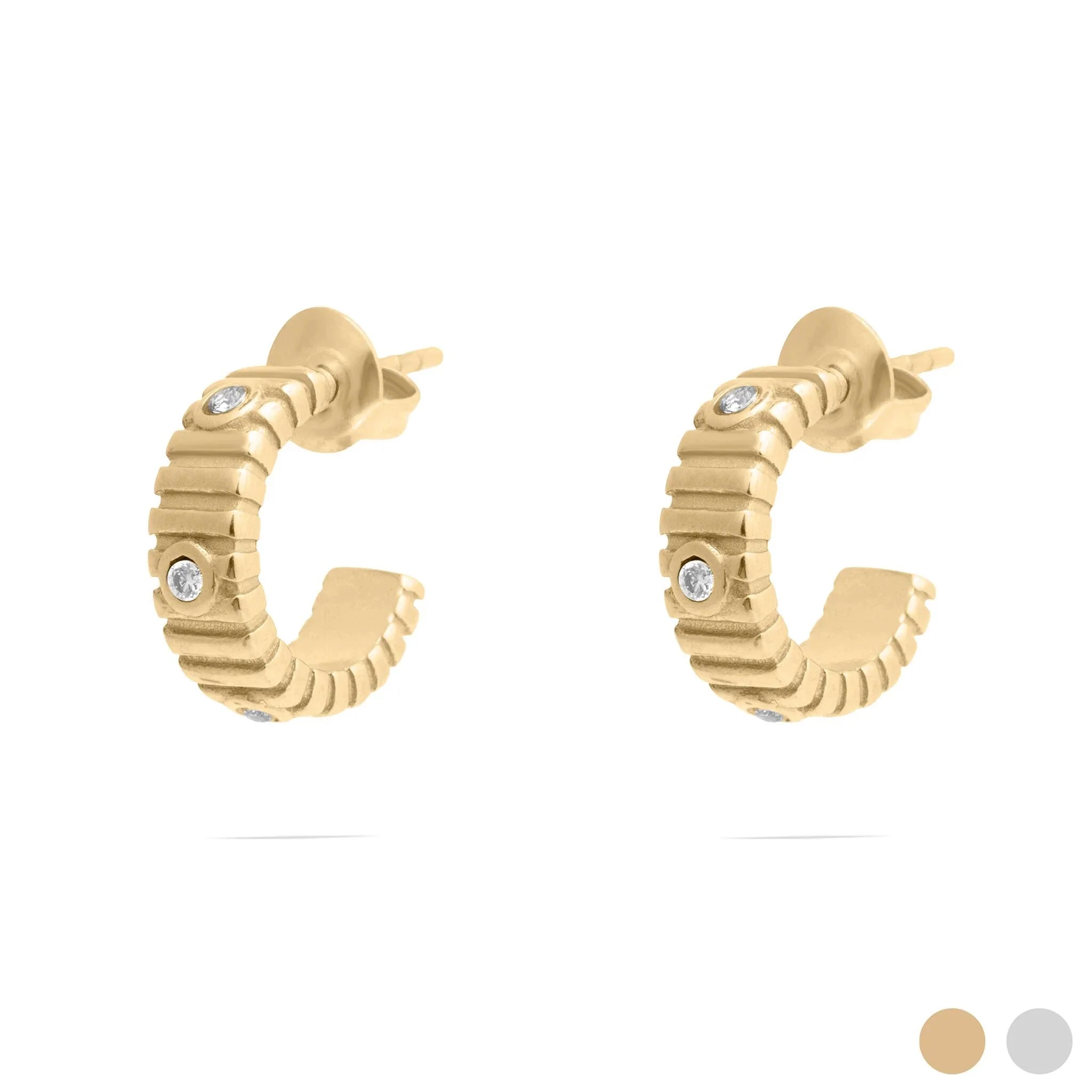 18K Gold PVD Stainless Steel Fluted Huggie with Stones Earrings / ERJ0132