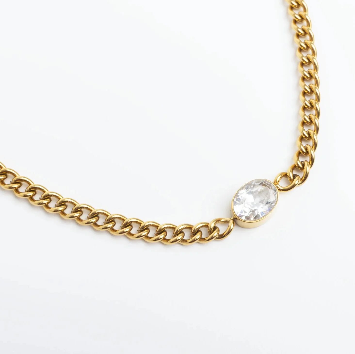 18K Gold PVD Stainless Steel Oval CZ Stone Curb Chain Bracelet / BRJ1134