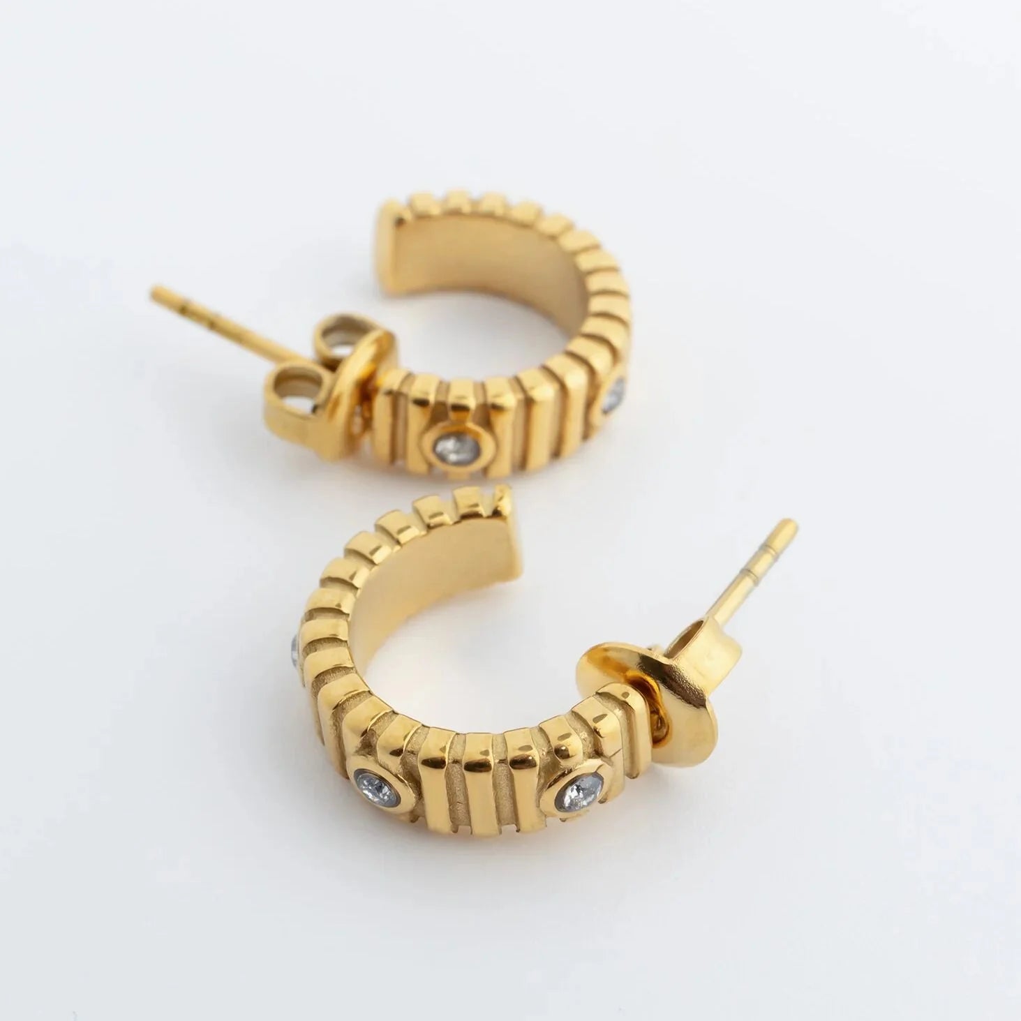 18K Gold PVD Stainless Steel Fluted Huggie with Stones Earrings / ERJ0132