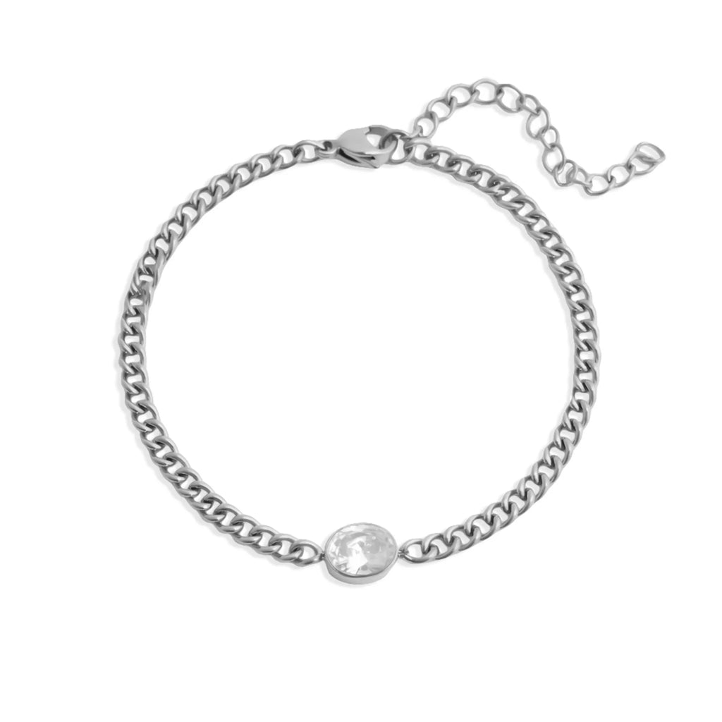 18K Gold PVD Stainless Steel Oval CZ Stone Curb Chain Bracelet / BRJ1134