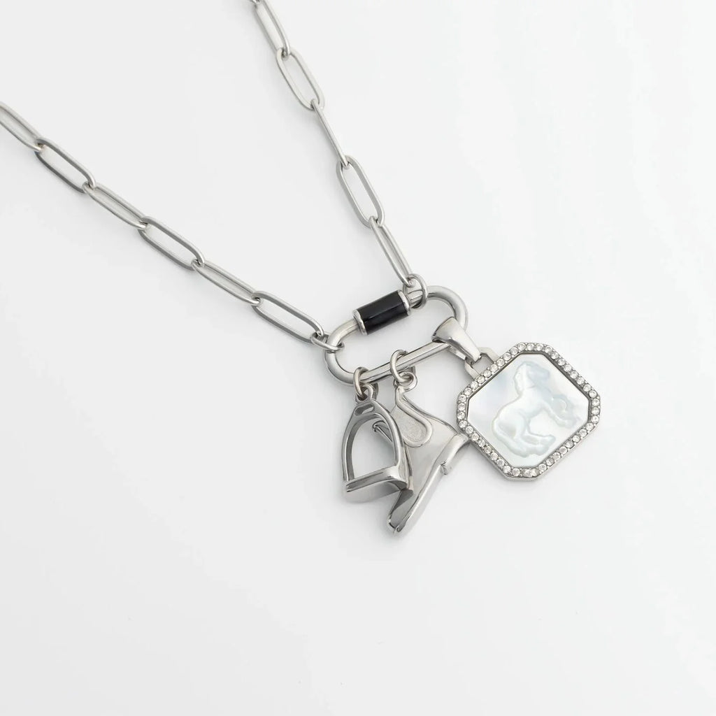 18K Gold PVD Stainless Steel MOP Horse Pendant With CZ Stone Boarder / PDL0387