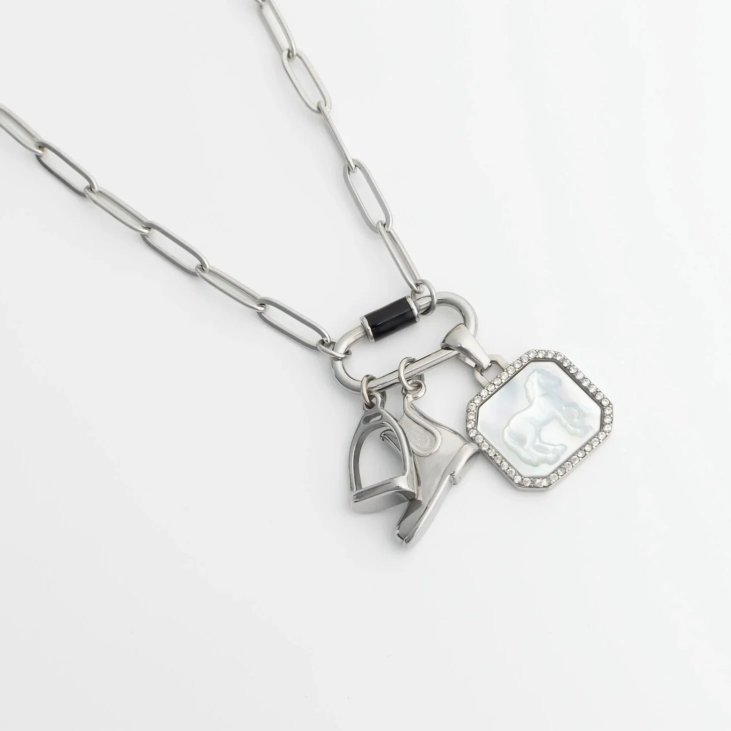 18K Gold PVD Stainless Steel MOP Horse Pendant With CZ Stone Boarder / PDL0387
