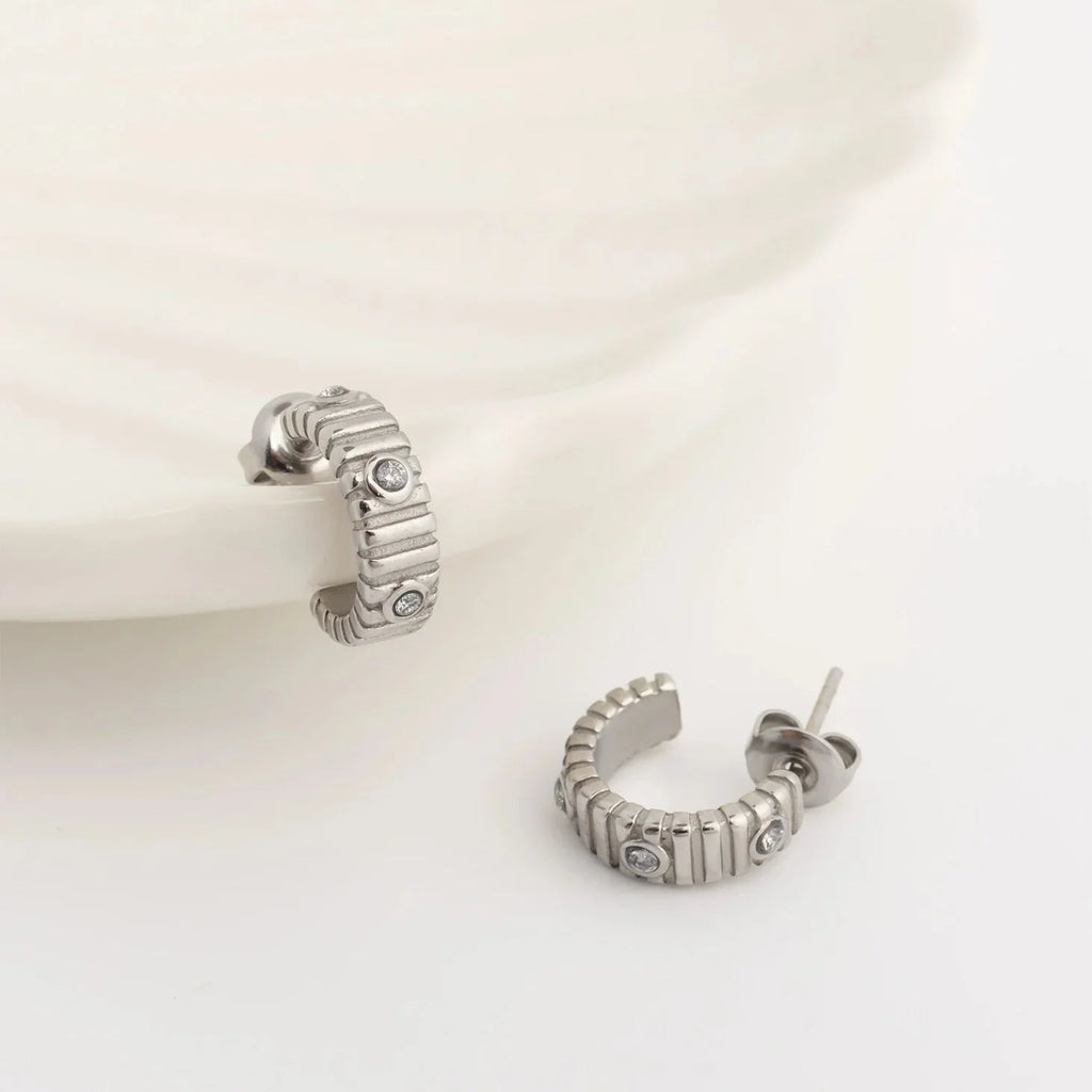 18K Gold PVD Stainless Steel Fluted Huggie with Stones Earrings / ERJ0132