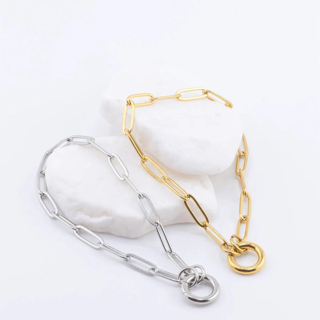 18K Gold PVD Stainless Steel Paperclip Charm Keeper Bracelet / BRJ9084