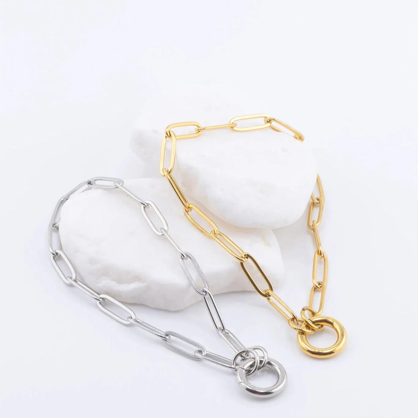 18K Gold PVD Stainless Steel Paperclip Charm Keeper Bracelet / BRJ9084