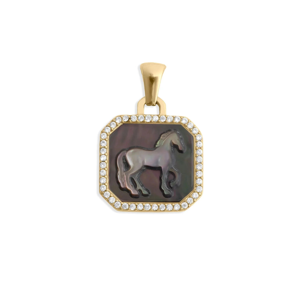 18K Gold PVD Stainless Steel MOP Horse Pendant With CZ Stone Boarder / PDL0387