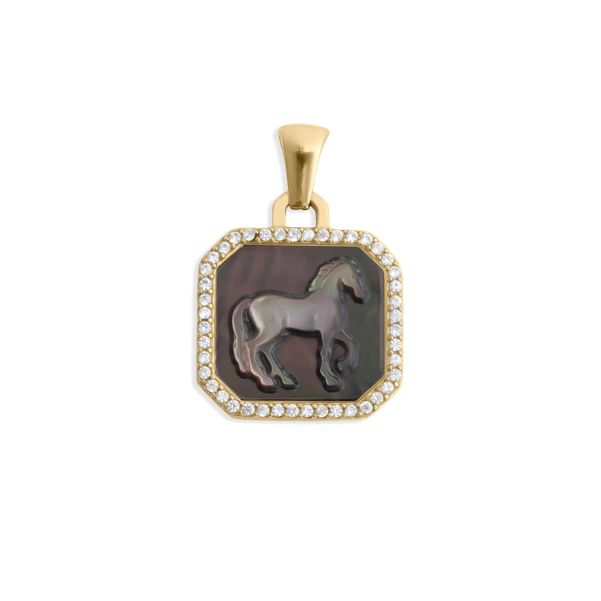18K Gold PVD Stainless Steel MOP Horse Pendant With CZ Stone Boarder / PDL0387