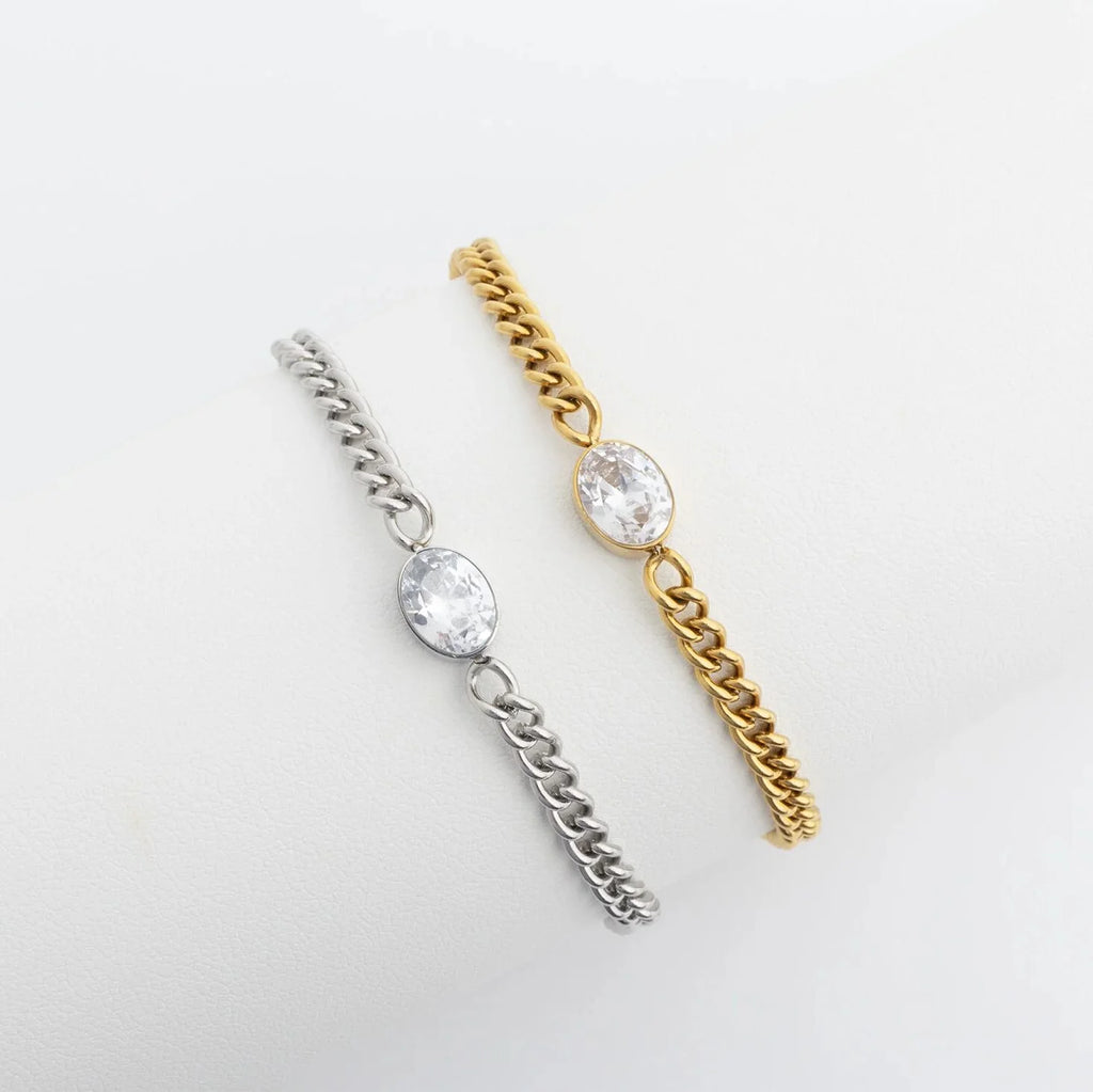 18K Gold PVD Stainless Steel Oval CZ Stone Curb Chain Bracelet / BRJ1134