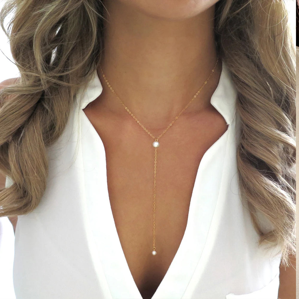 Luna Pearl Lariat in gold tone, product image 5