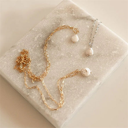 Solea Baroque Pearl Necklace in gold tone featuring link chain, product image 5