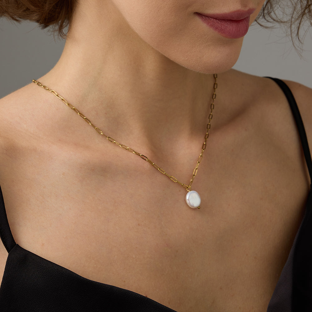 Solea Baroque Pearl Necklace in gold tone featuring link chain, product image 8