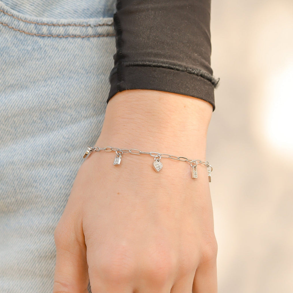 18K Gold PVD Stainless Steel Heart & Lock Charm Bracelet 