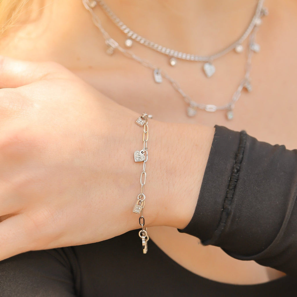 18K Gold PVD Stainless Steel Heart & Lock Charm Bracelet 