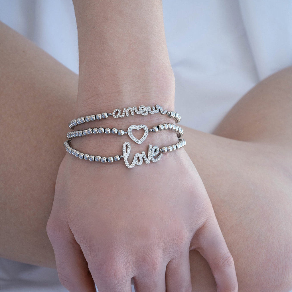 18K Gold PVD Stainless Steel Stone Heart Metal Beaded Stretch Bracelet 