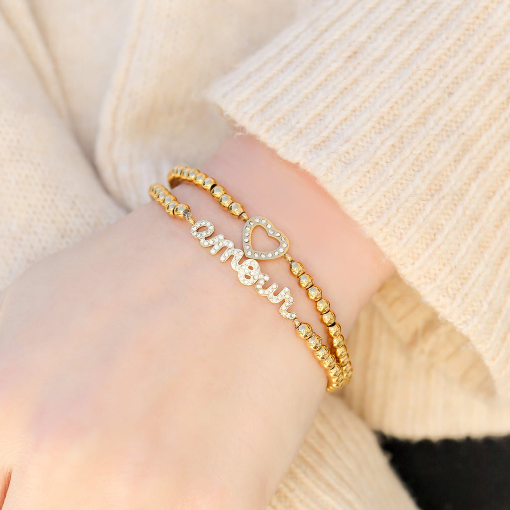 Stone Heart Metal Beaded Stretch Bracelet