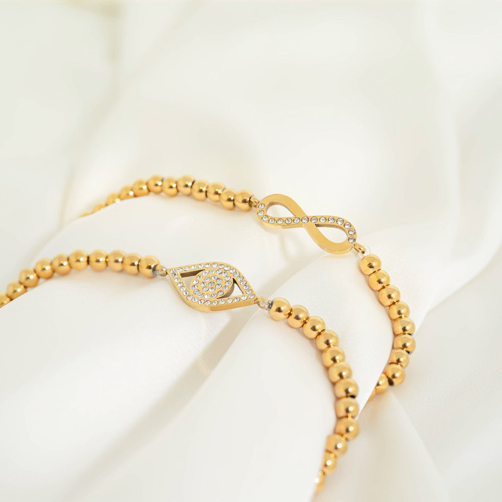 18K Gold PVD Stainless Steel Stone EVIL EYE Metal Beaded Stretch Bracelet 