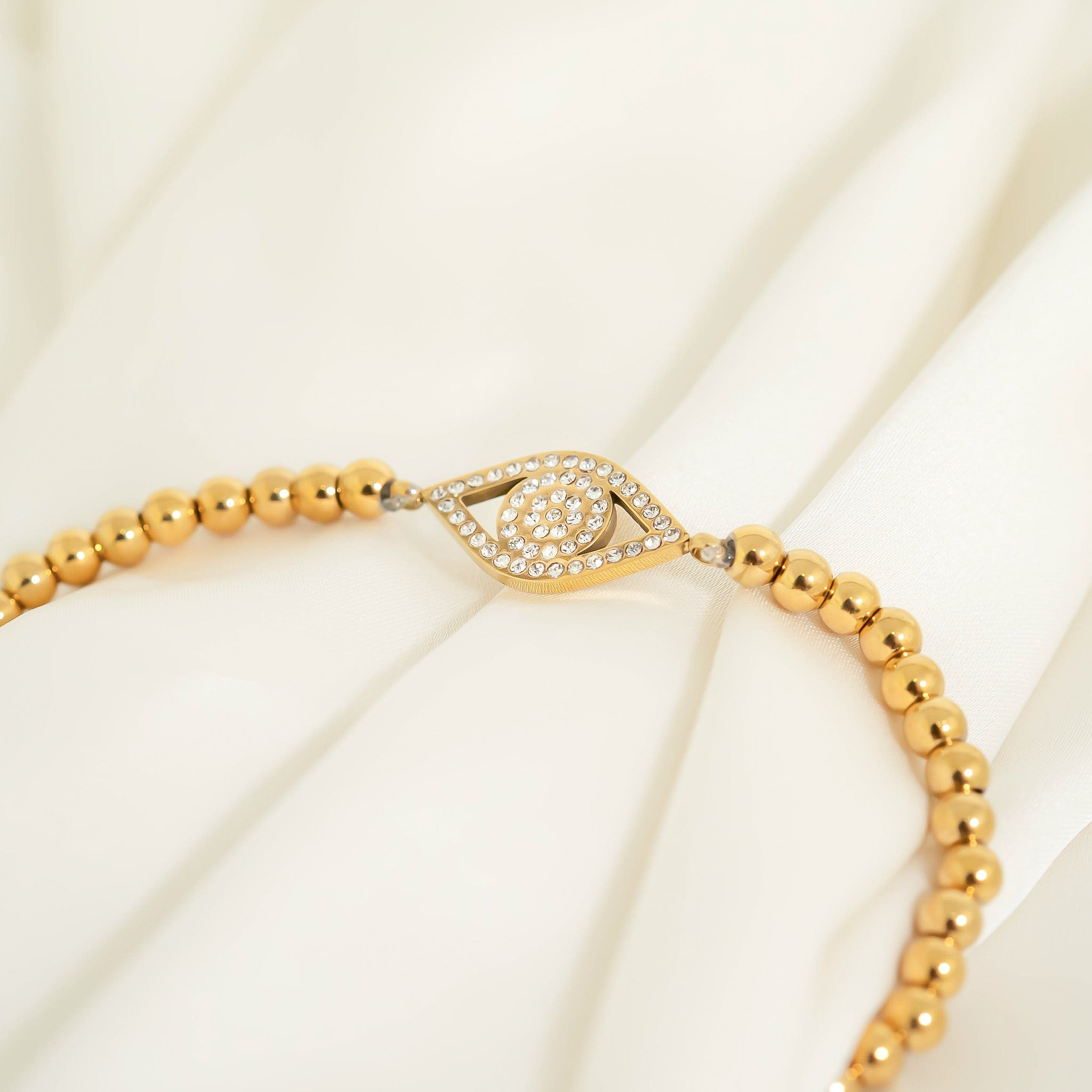 18K Gold PVD Stainless Steel Stone EVIL EYE Metal Beaded Stretch Bracelet 