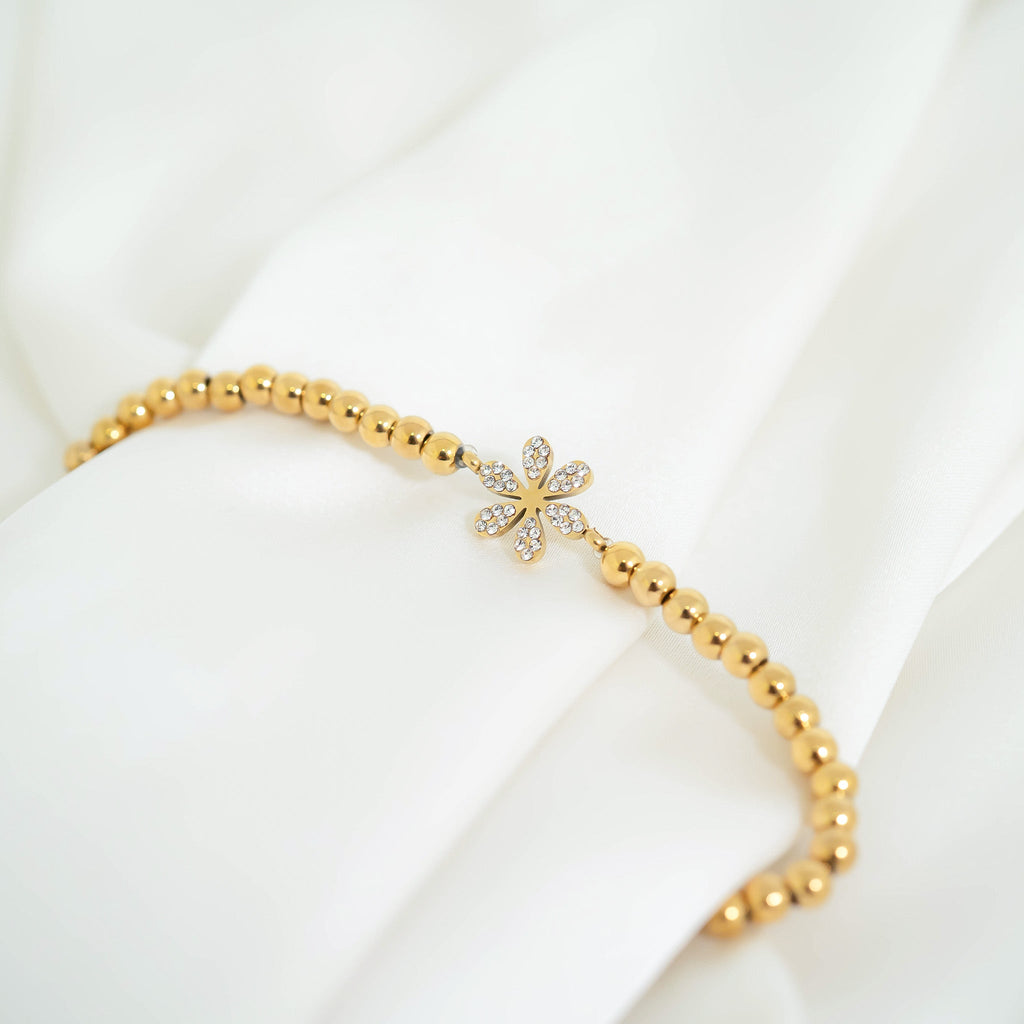 18K Gold PVD Stainless Steel Stone Flower Metal Beaded Stretch Bracelet