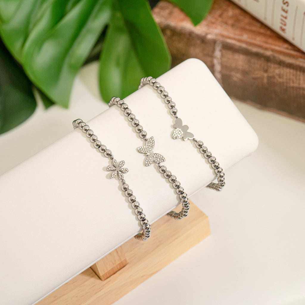 18K Gold PVD Stainless Steel Stone Flower Metal Beaded Stretch Bracelet