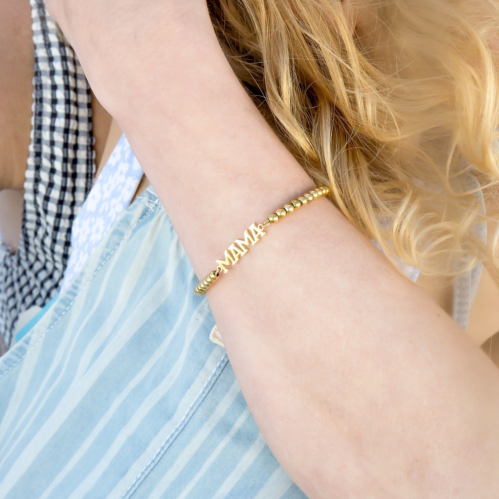 18K Gold PVD Stainless Steel Mama Beaded Bracelet