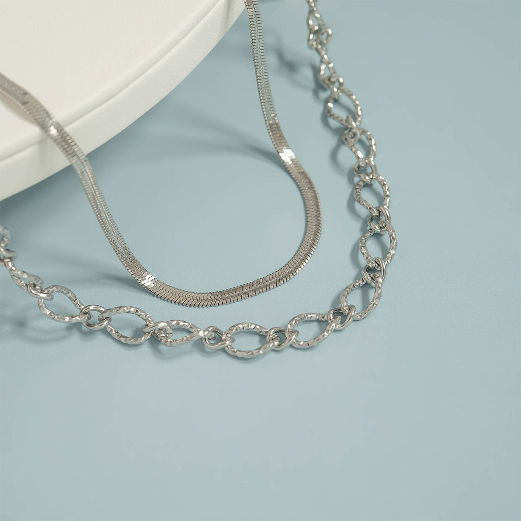 Hammered Oval Chain Necklace with Herringbone Necklace