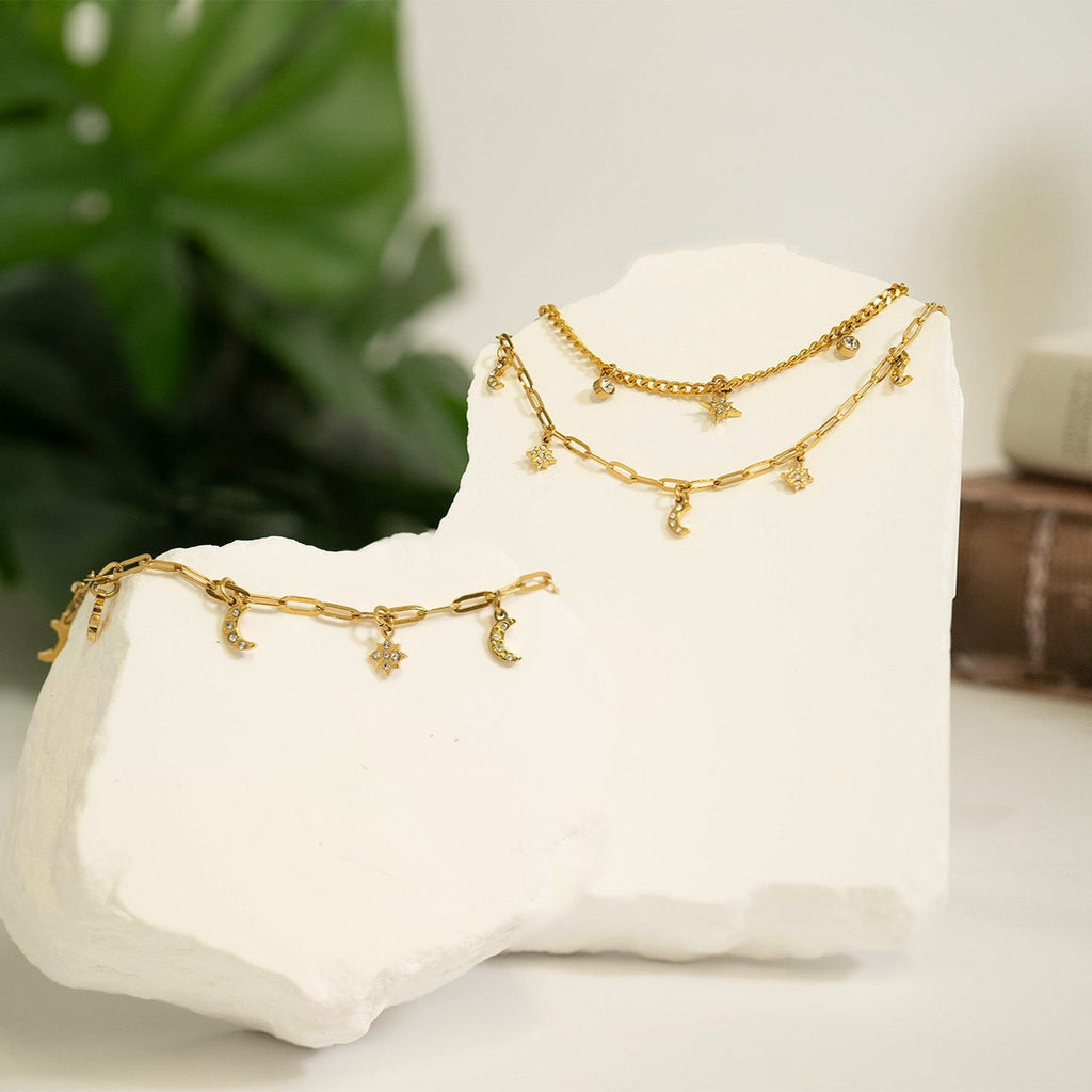 Stainless Steel Moon & Compass Star Charm Necklace