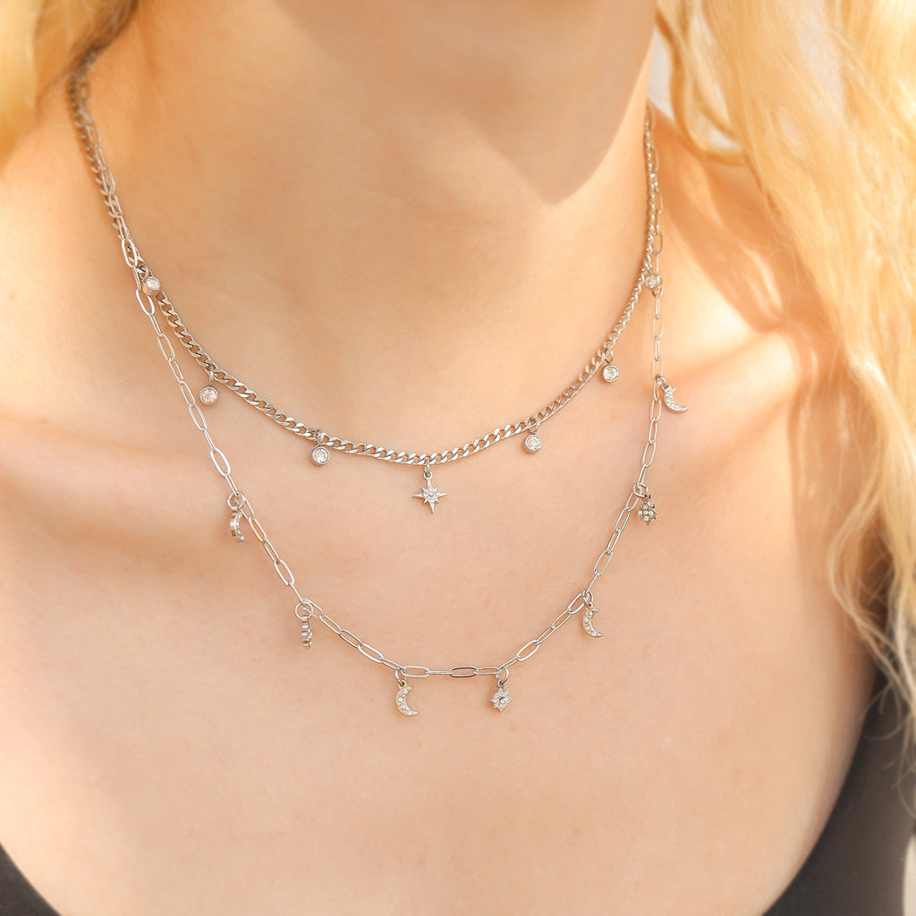 Stainless Steel Moon & Compass Star Charm Necklace