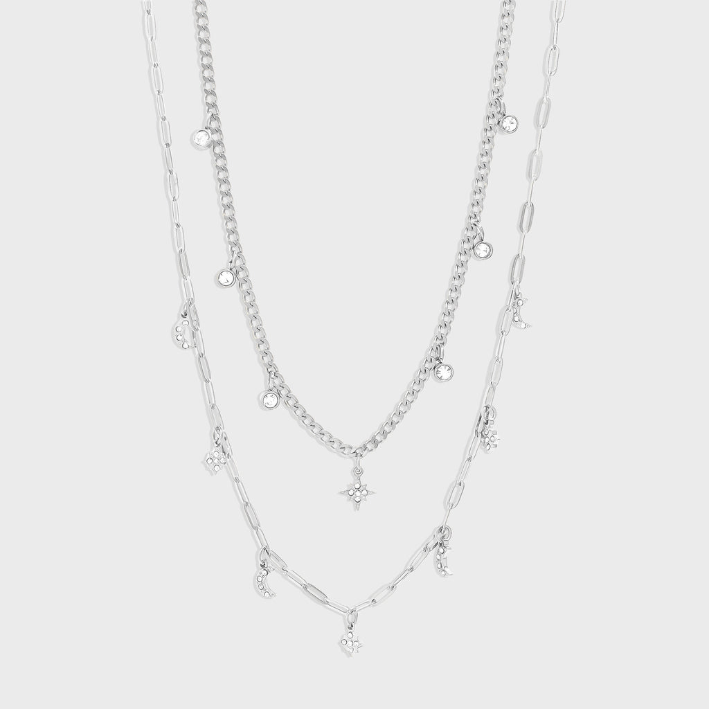Stainless Steel Moon & Compass Star Charm Necklace