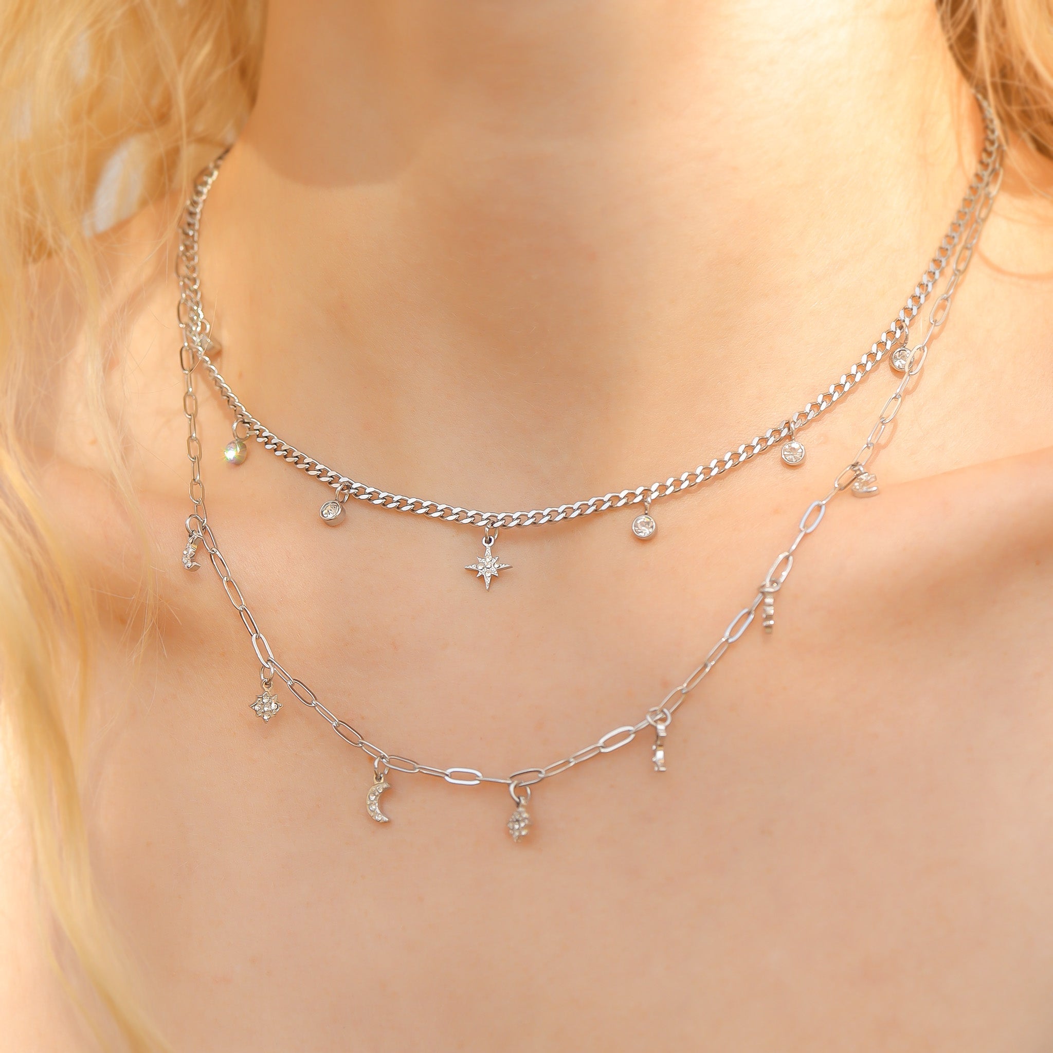 Stainless Steel Moon & Compass Star Charm Necklace