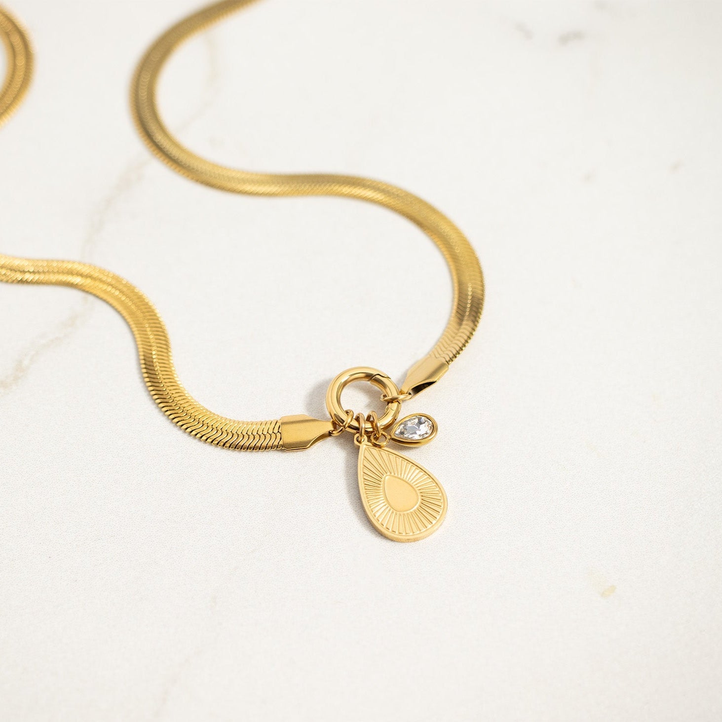18K Gold PVD Stainless Steel Herringbone Charm Holder Necklace / CHN0101