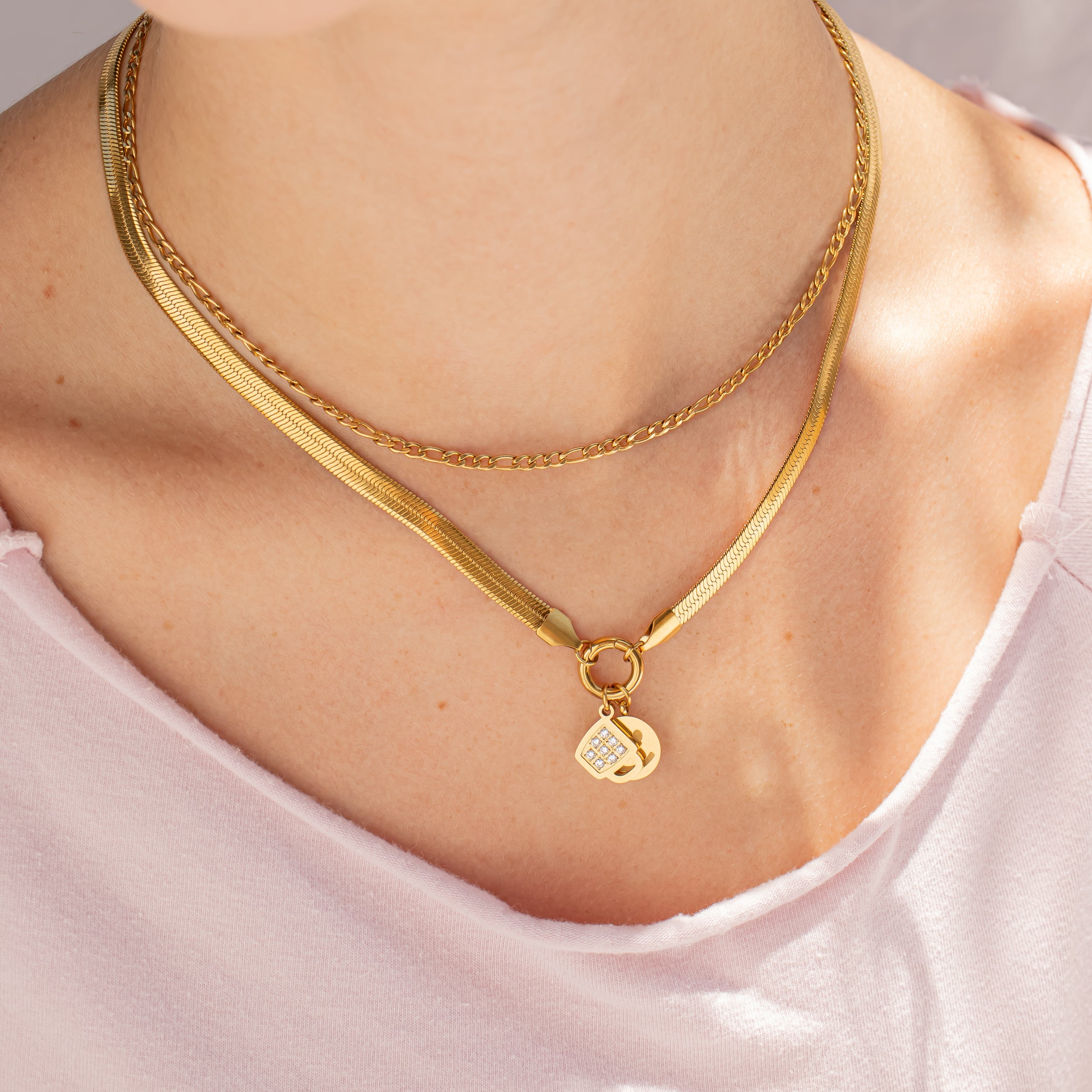 18K Gold PVD Stainless Steel Herringbone Charm Holder Necklace / CHN0101