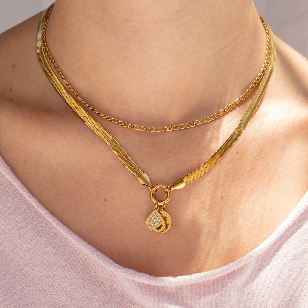 18K Gold PVD Stainless Steel Herringbone Charm Holder Necklace / CHN0101