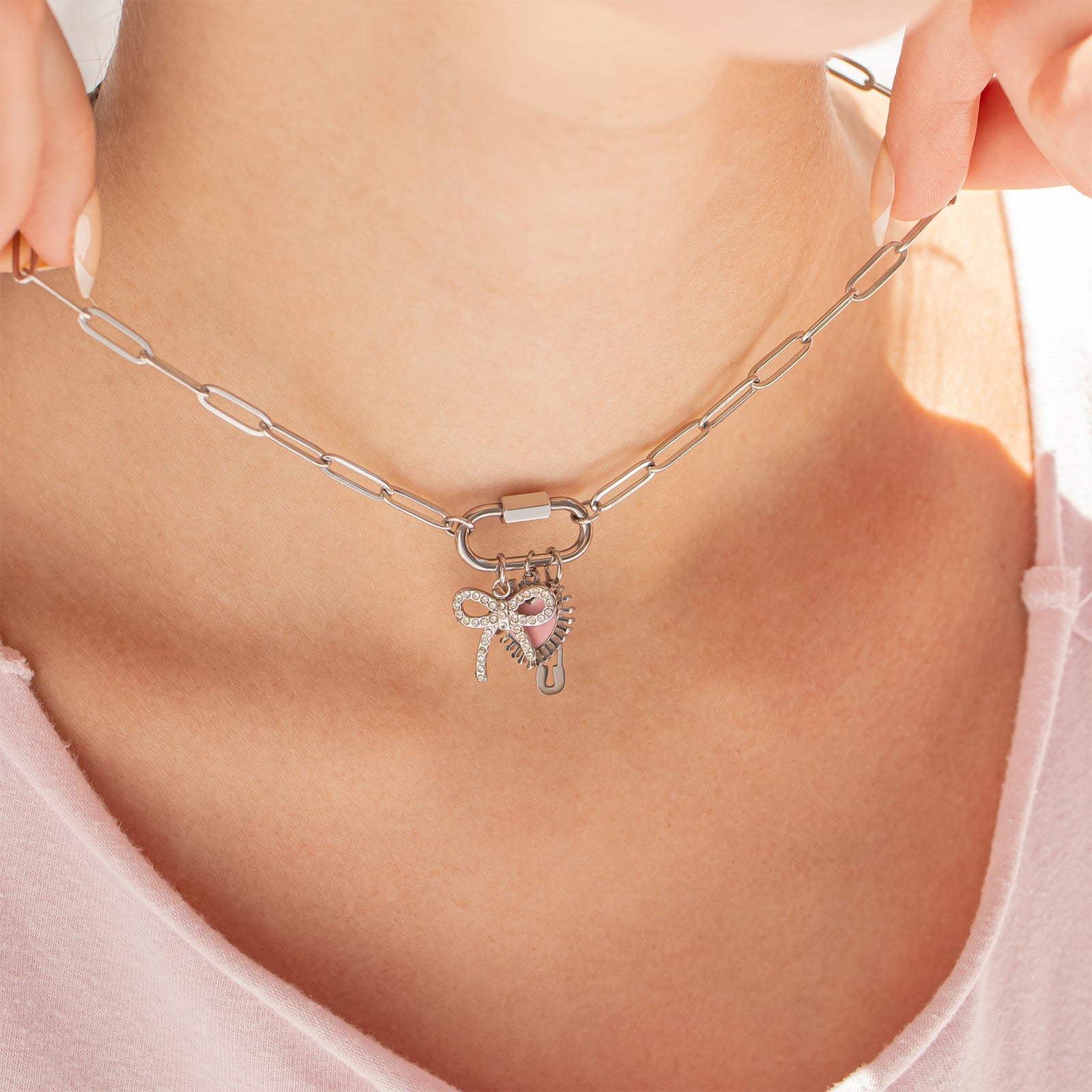 Stainless Steel Rhinestone Bow Charm