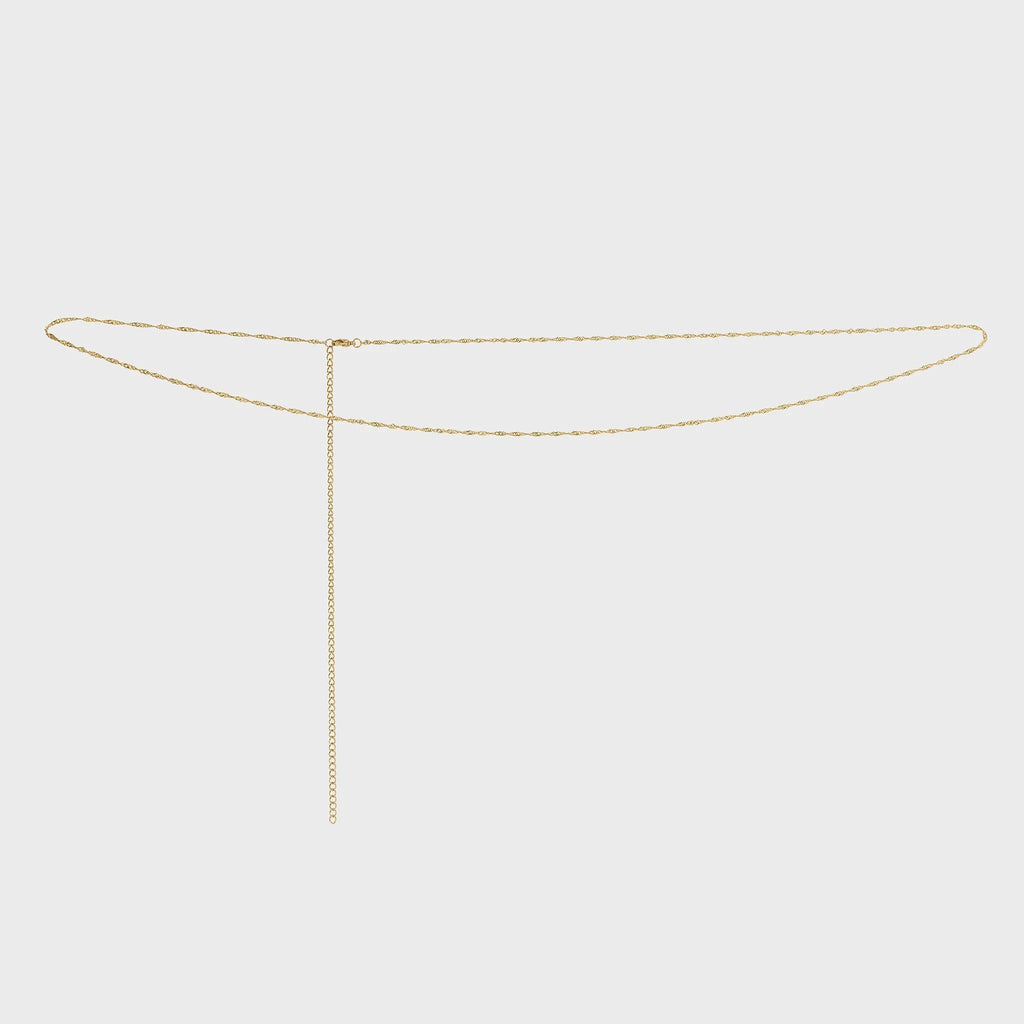 Gold Singapore Belly Chain on a light gray background