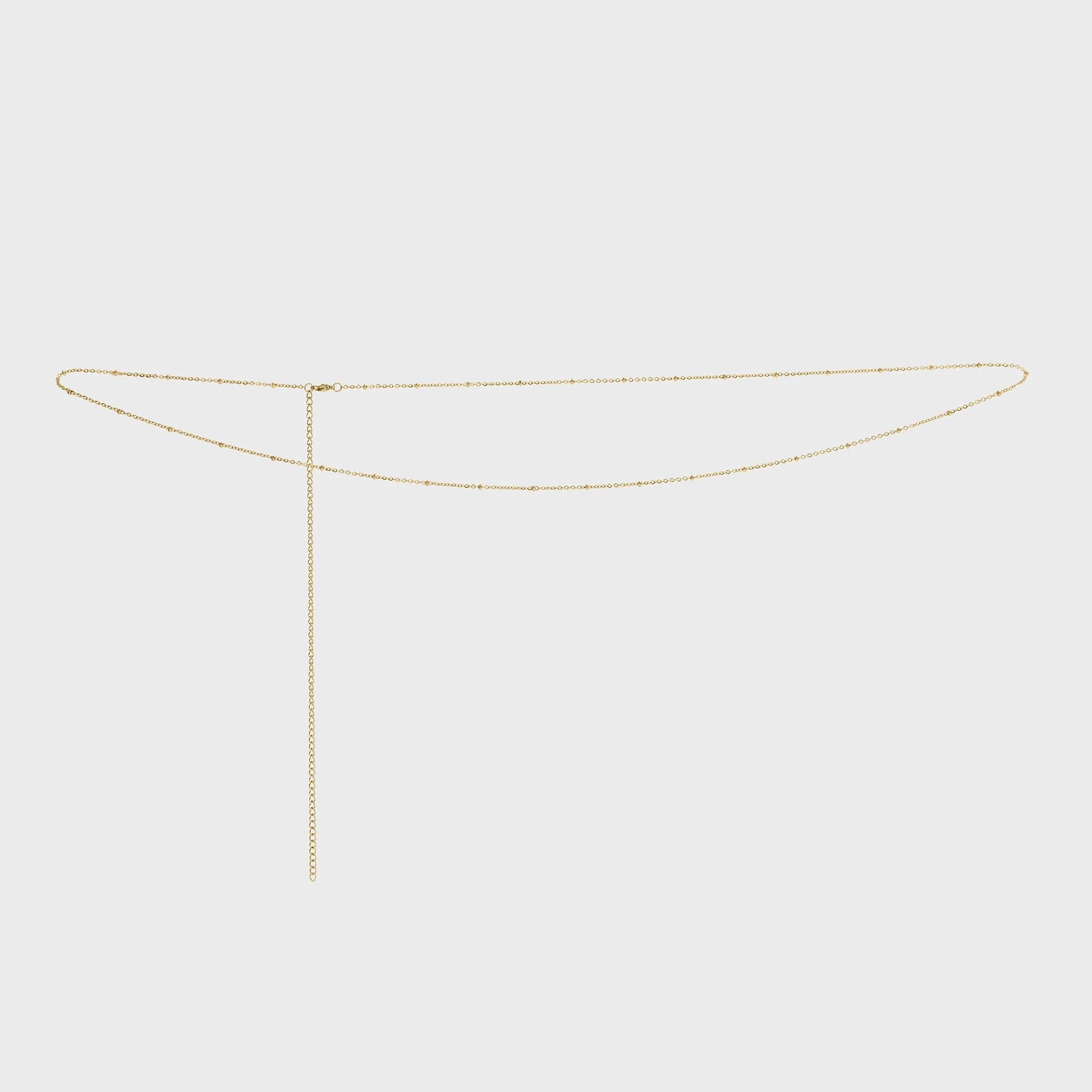 Gold Satellite Belly Chain on a light gray background